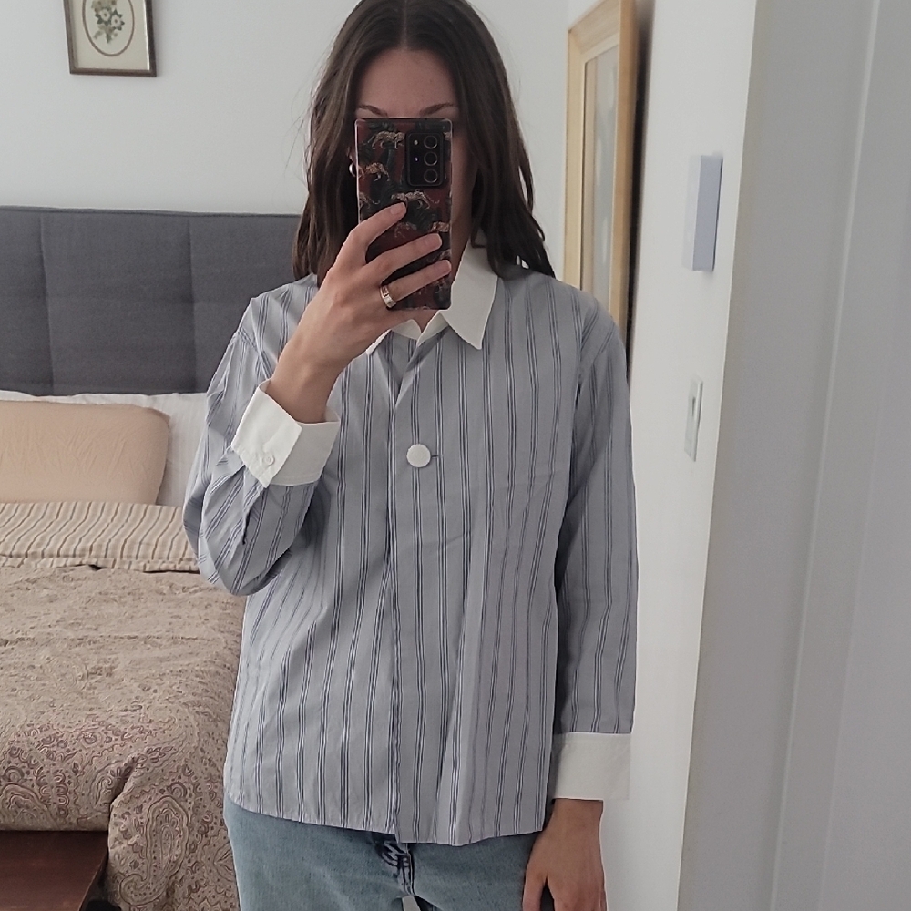 Sandro Striped Button-Up Shirt with White Collar and Cuffs